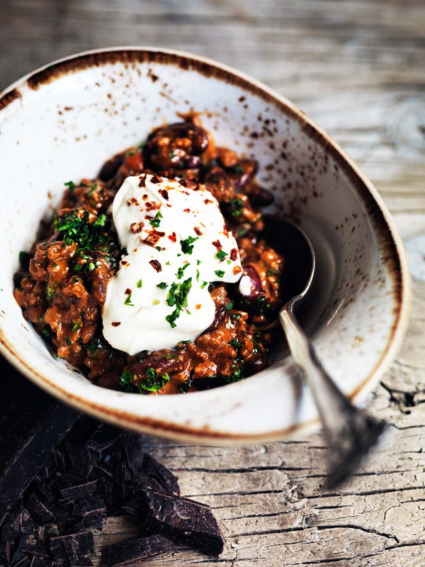 CHILI CON CARNE MED CHOCOLATE BHUT OG MØRK CHOKOLADE